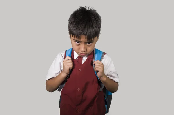 Jong Kind Jaar Oud School Uniform Schooltasje Gevoel Triest Depressief — Stockfoto