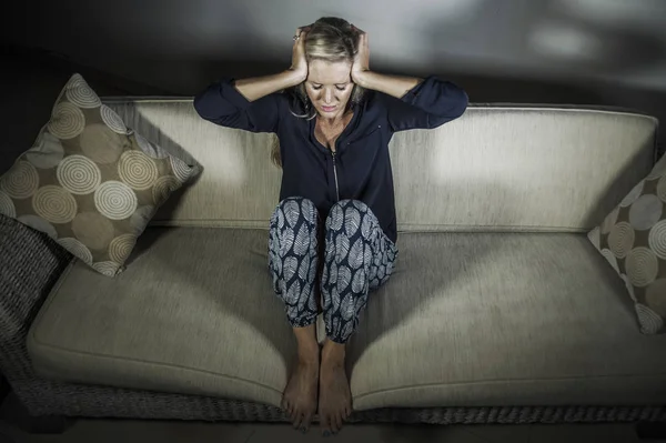 40S Depressed Anxious Beautiful Blonde Woman Suffering Depression Headache Feeling — Stock Photo, Image