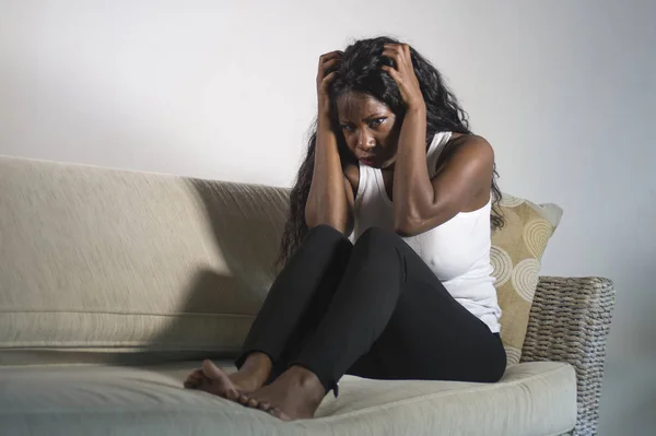 Young Attractive Sad Black African American Woman Sitting Depressed Home — Stock Photo, Image