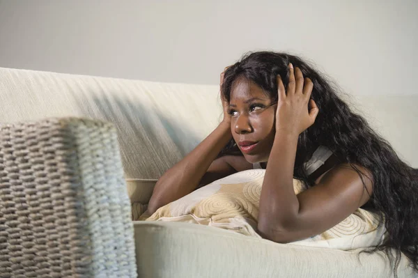 Young Attractive Sad Black African American Woman Lying Depressed Home — Stock Photo, Image