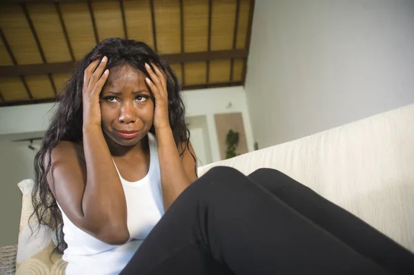 Young Attractive Sad Black African American Woman Sitting Depressed Home — Stock Photo, Image