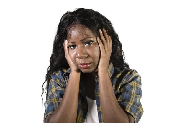 Young Sad Depressed Black African American Woman Holding Her Head — Stock Photo, Image