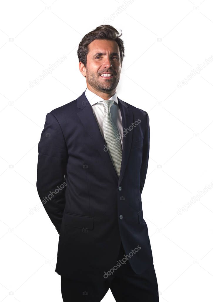 young elegant and handsome happy man in suit posing for company corporate business portrait relaxed and confident smiling happy isolated on white as successful ceo executive businessman 