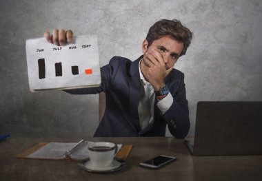 stres satış parası açılan grafik duygu gösterilen office bilgisayar masasında çalışan genç çekici üzgün ve depresyonda işadamı iflas ve finansal çöküşü sorun hakkında endişeli