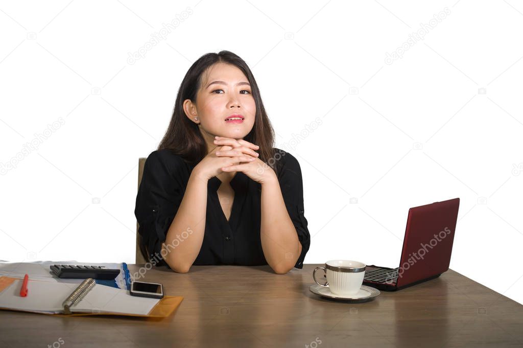 isolated portrait of young beautiful and happy successful Asian Korean business woman working relaxed at office computer desk smiling sweet in female entrepreneur success lifestyle 