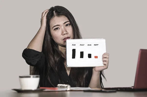 Обеспокоенная Разочарованная Азиатская Японская Деловая Женщина Страдающая Депрессией Держит Диаграмму — стоковое фото