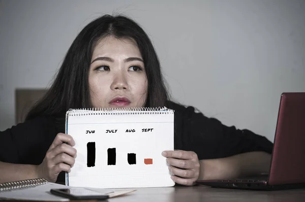 Preocupado Frustrado Asiático Coreano Mulher Negócios Sofrendo Depressão Segurando Gráfico — Fotografia de Stock