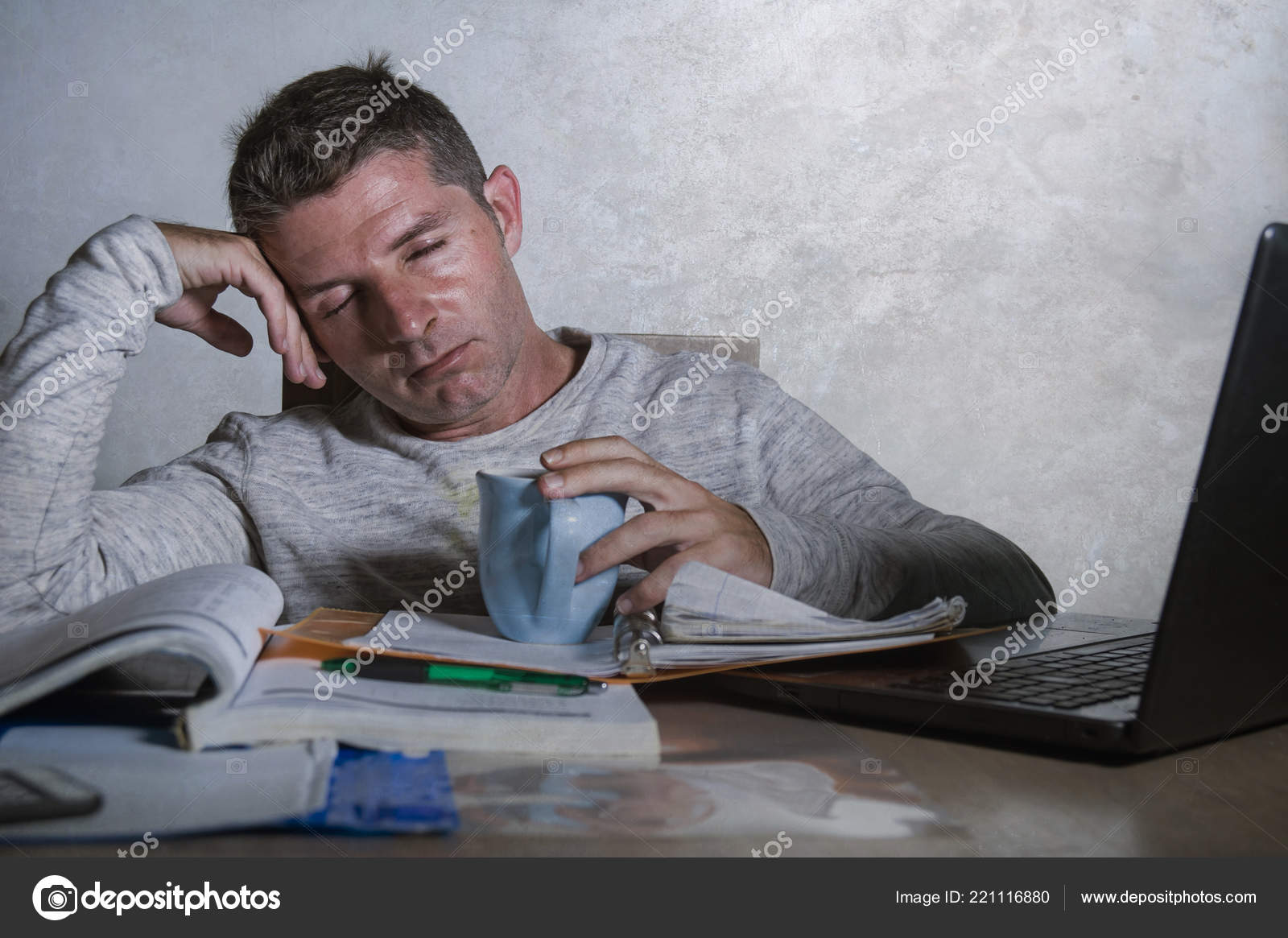 Young Exhausted Sleepy Man Working Stress Home Desk Laptop