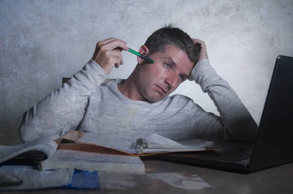 Young Exhausted Sleepy Man Working Stress Home Desk Laptop Computer — Stock Photo, Image