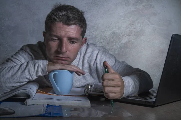 Young Exhausted Sleepy Man Working Stress Home Desk Laptop Computer — Stock Photo, Image