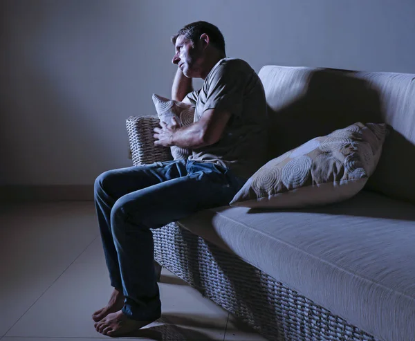 Young Desperate Sad Frustrated Man Grieving Home Sofa Couch Suffering — Stock Photo, Image