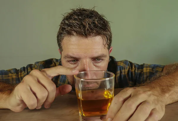 Isolated Portrait Young Drunk Addict Alcoholic Man Drinking Whiskey Glass — Stock Photo, Image