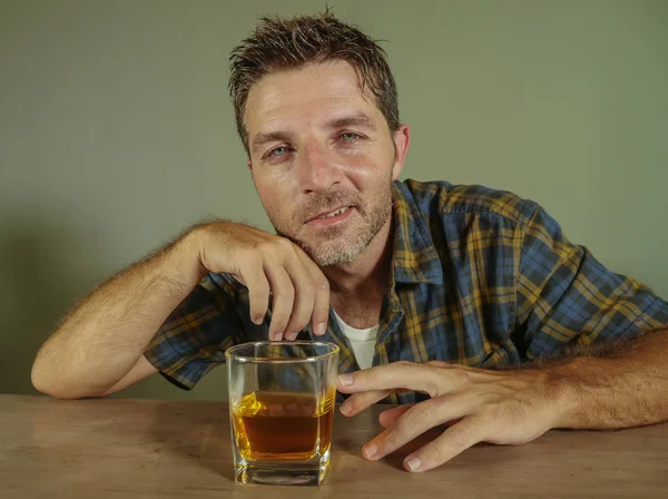 Young Drunk Addict Alcoholic Man Drinking Whiskey Glass Intoxicated Wasted — Stock Photo, Image