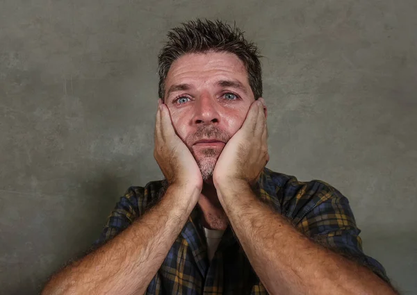 Dramatic Portrait Young Sad Depressed Man Feeling Anxious Overwhelmed Crying — Stock Photo, Image