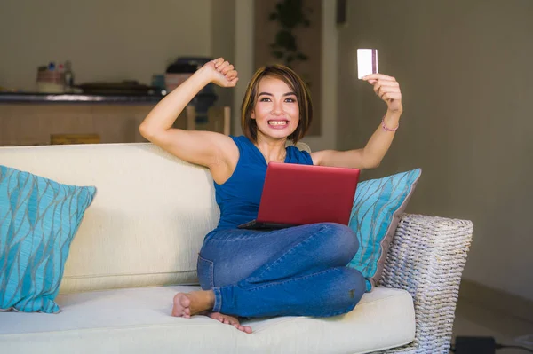 Lifestyle Portrait Young Beautiful Happy Woman Excited Home Living Room — Stock Photo, Image