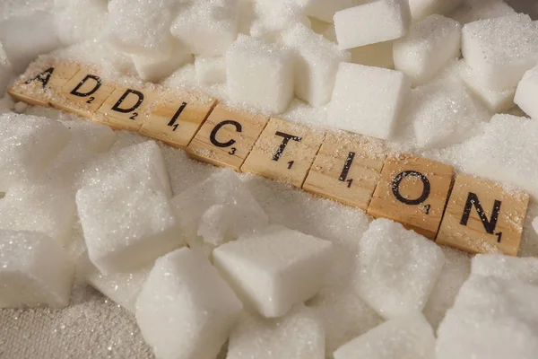 Conceptual Still Life Pile Sugar Cubes Addiction Word Block Letters — Stock Photo, Image