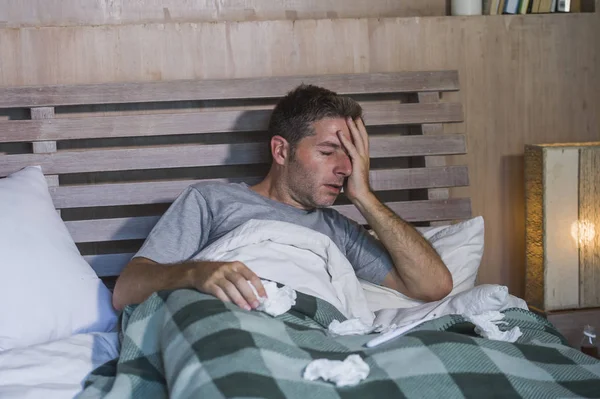 Young Sick Wasted Exhausted Man Home Bed Lying Feeling Unwell — Stock Photo, Image