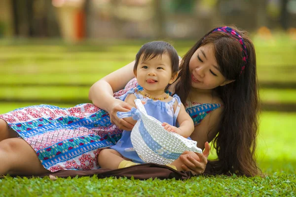 Happy Playful Asian Korean Woman Loving Mother Enjoying Sweet Beautiful — Stock Photo, Image