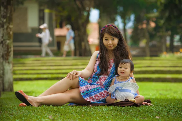 Happy Playful Asian Korean Woman Loving Mother Enjoying Sweet Beautiful — Stock Photo, Image