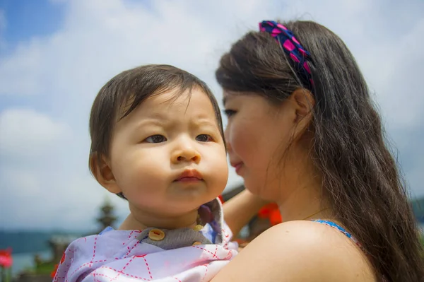 Young Happy Pretty Asian Japanese Woman Loving Mother Holding Adorable — Stock Photo, Image