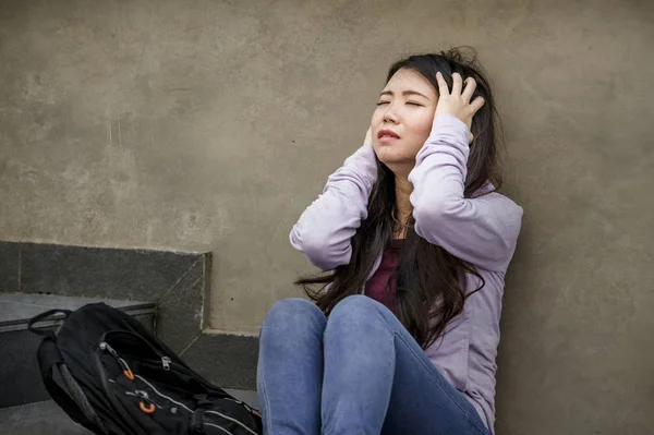 Young Sad Depressed Asian American Student Woman Bullied Teenager Sitting — Stock Photo, Image