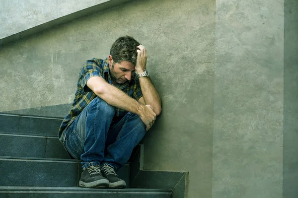 Young Sad Desperate Man Sitting Outdoors Street Stairs Suffering Anxiety — Stock Photo, Image
