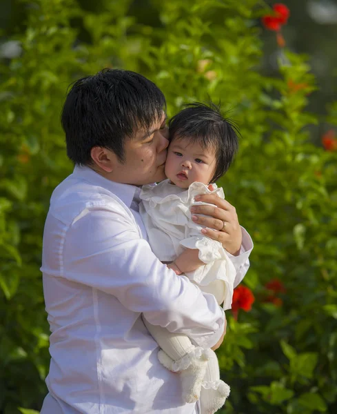 Young Happy Proud Man Father Sweet Little Baby Girl Holding — Stock Photo, Image