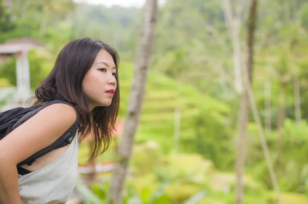 Lifestyle Outdoors Portrait Young Beautiful Happy Asian Korean Backpacker Woman — стокове фото