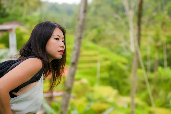 Lifestyle Outdoors Portrait Young Beautiful Happy Asian Korean Backpacker Woman — стокове фото