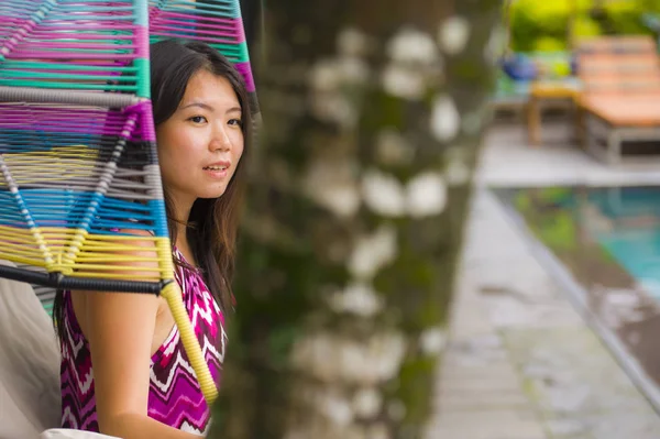 Joven Hermosa Feliz Asiático Coreano Turista Mujer Relajarse Tropical Lujo — Foto de Stock