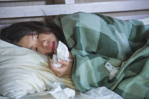 Young Sick Sweet Asian American Girl Pajamas Covered Blanket Lying — Stock Photo, Image