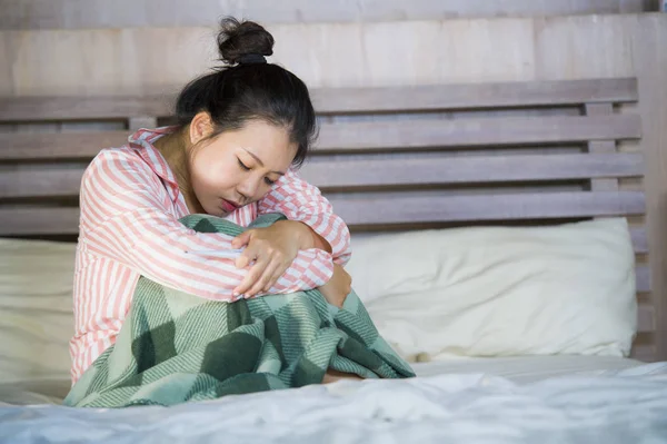 Young Beautiful Sad Asian Chinese Girl Sitting Home Bedroom Fetal — Stock Photo, Image