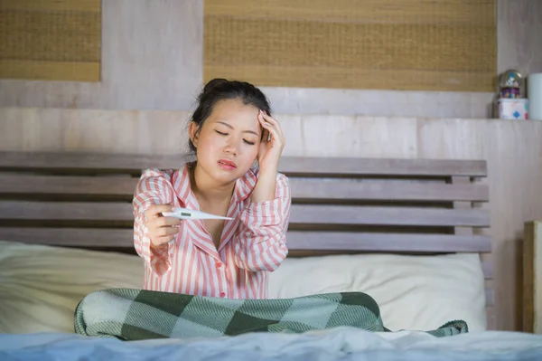 Young Beautiful Sweet Asian Korean Woman Pajamas Feeling Sick Home — Stock Photo, Image