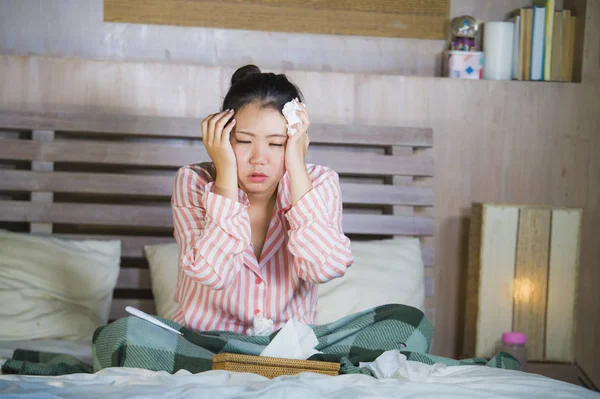 Young Beautiful Sweet Asian Korean Girl Pajamas Sick Home Bedroom — Stock Photo, Image