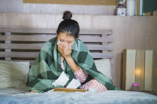 Young Beautiful Sweet Asian Korean Girl Pajamas Sick Home Bedroom — Stock Photo, Image
