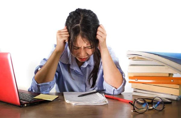Young Stressed Frustrated Asian Korean Student Girl Working Hard Laptop — Stock Photo, Image