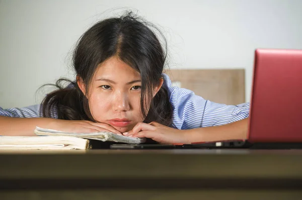 Young Stressed Frustrated Asian Korean Student Girl Working Hard Laptop — Stock Photo, Image