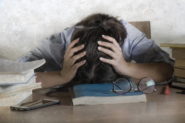 Young Stressed Frustrated Teenager Student Working Textbooks Laptop Computer Desk — Stock Photo, Image