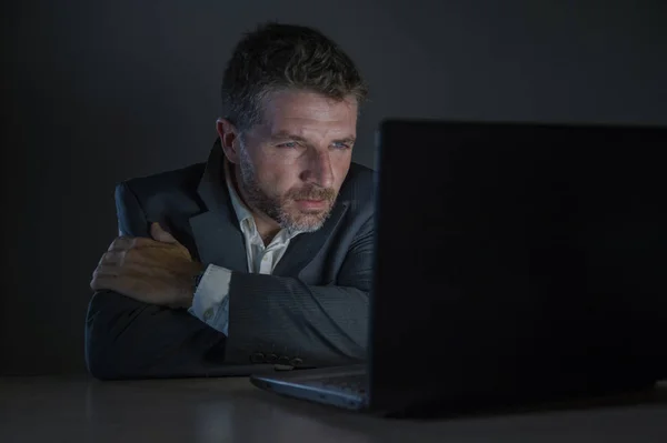 Young Attractive Dedicated Workaholic Entrepreneur Man Working Late Night Using — Stock Photo, Image