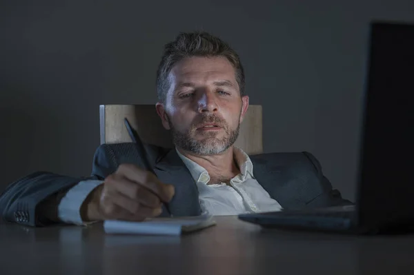 Young Attractive Dedicated Workaholic Entrepreneur Man Working Late Night Using — Stock Photo, Image