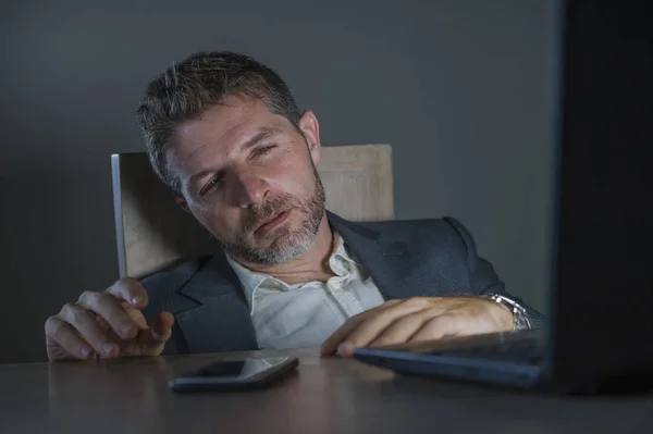 Young Attractive Wasted Tired Entrepreneur Man Working Late Night Office — Stock Photo, Image