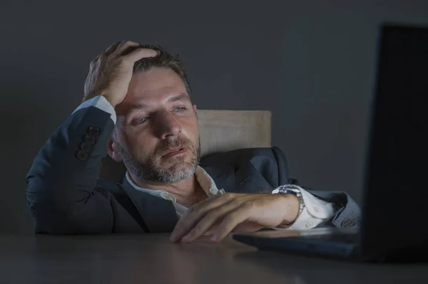 Young Attractive Wasted Tired Entrepreneur Man Working Late Night Office — Stock Photo, Image