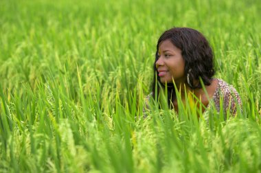egzotik tatil seyahat Asya geleneksel köy keşfetmek keyif pirinç alan ortasında açık havada taze genç güzel ve mutlu siyah afro Amerikalı kadın portresi izole