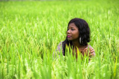 egzotik tatil seyahat Asya geleneksel köy keşfetmek keyif pirinç alan ortasında açık havada taze genç güzel ve mutlu siyah Afrikalı-Amerikalı kadın portresi izole