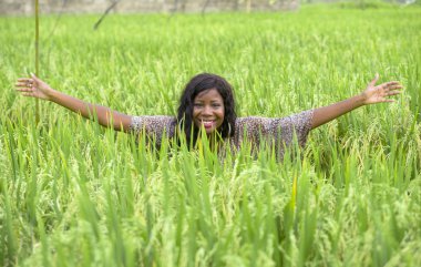 Genç güzel ve serin tropikal pirinç zevk egzotik tatil gezisi Asya, eğleniyor içinde mutlu siyah Afrikalı-Amerikalı kadın geleneksel köy keşfetmek açık havada taze portresi
