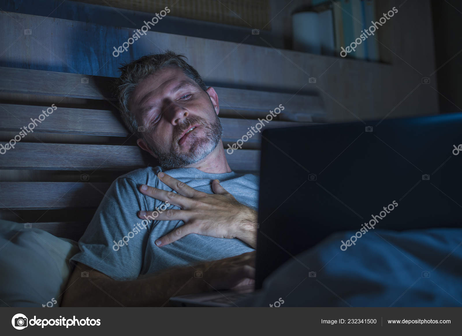 Night Sex Sleeping Porn Downlod - Young Aroused Man Alone Bed Playing Cybersex Using Laptop Computer Stock  Photo by Â©TheVisualsYouNeed 232341500