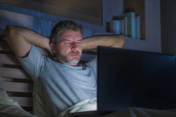 Attractive Tired Stressed Workaholic Man Working Late Night Exhausted Bed — Stock Photo, Image