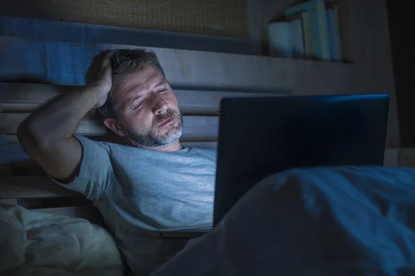 Attractive Tired Stressed Workaholic Man Working Late Night Exhausted Bed — Stock Photo, Image