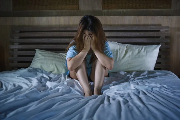 Young Desperate Depressed Woman Crying Bed Night Having Depression Problem — Stock Photo, Image