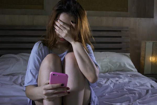 Young Depressed Asian Korean Girl Using Mobile Phone Crying Bed — Stock Photo, Image